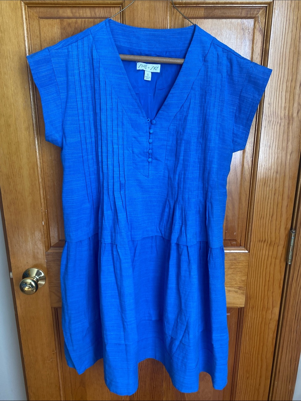 She + Sky Cobalt Blue Pleated V‑Neck Tunic